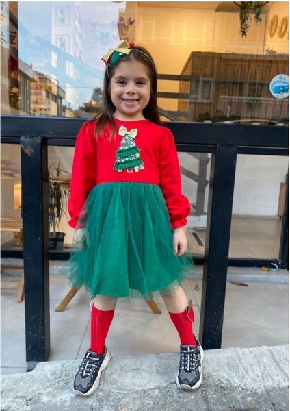 Kırmızı Renk Yılbaşı Ağacı Desenli Noel Elbisesi