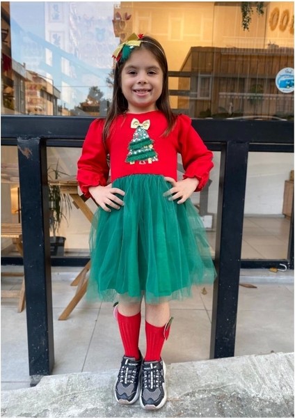 Kırmızı Renk Yılbaşı Ağacı Desenli Noel Elbisesi