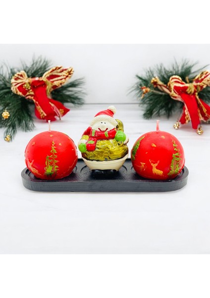 Yılbaşı Dekorasyonu - 4 ' Lü Set Noel Baba Biblo , 2 Adet Kokulu Mum ve Dekoratif Tabak