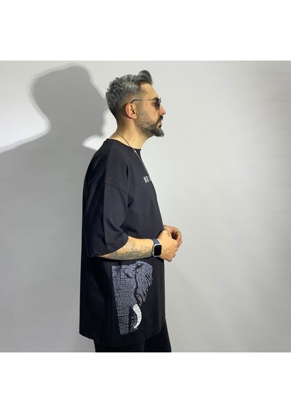 Tokyo Temalı Siyah Erkek Oversize T-Shirt