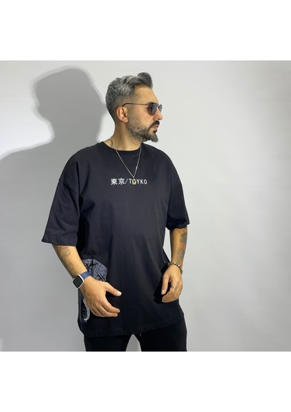 Tokyo Temalı Siyah Erkek Oversize T-Shirt