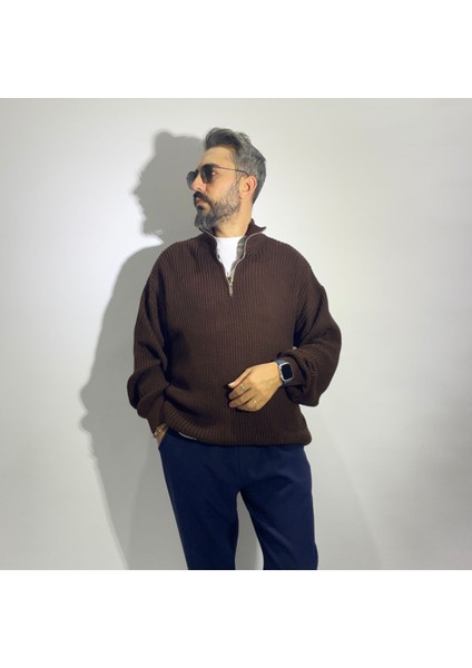 Yarım Fermuarlı Oversize Erkek Triko Kazak