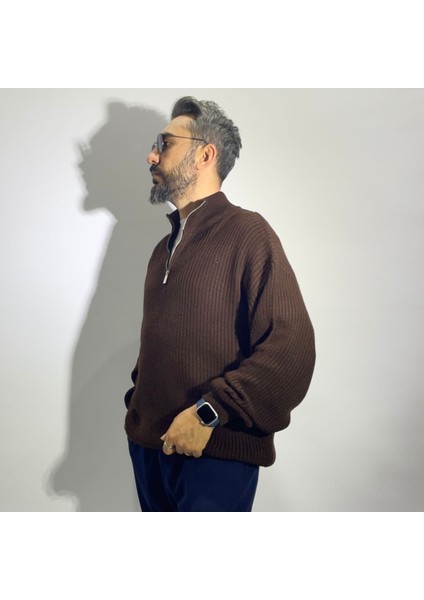Yarım Fermuarlı Oversize Erkek Triko Kazak