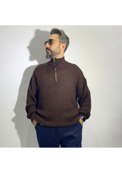 Yarım Fermuarlı Oversize Erkek Triko Kazak