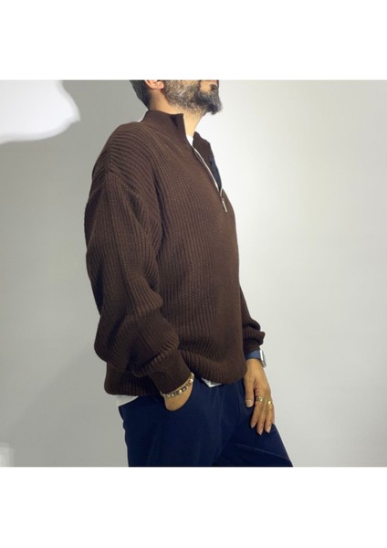 Yarım Fermuarlı Oversize Erkek Triko Kazak