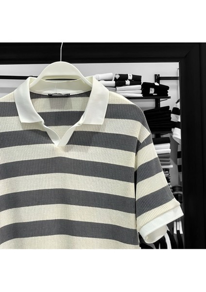 Raglan Kol Çizgili Triko Polo Yaka T-Shirt