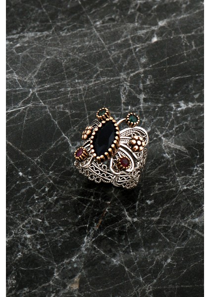 Safir Taşlı Telkari İşlemeli Kelebek Gümüş Yüzük 2497 modelleri