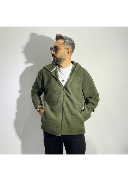 Peluş Kapüşonlu Fermuarlı Oversize Hırka