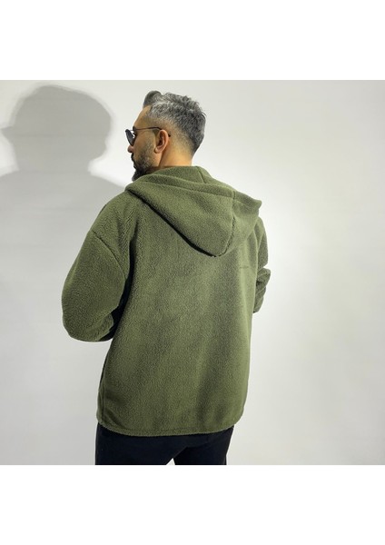 Peluş Kapüşonlu Fermuarlı Oversize Hırka