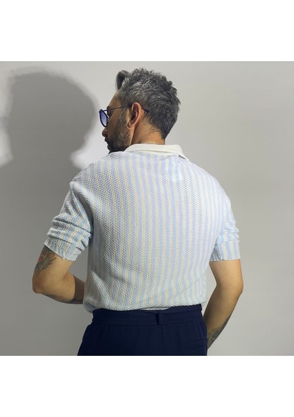 Dik Çizgili Polo Yaka Triko T-Shirt