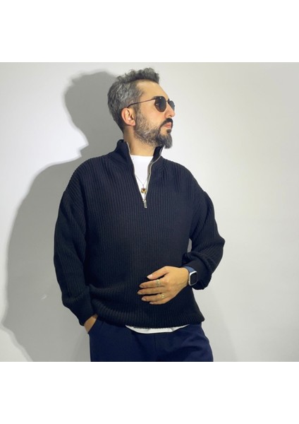 Yarım Fermuarlı Oversize Erkek Triko Kazak