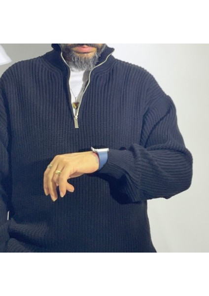 Yarım Fermuarlı Oversize Erkek Triko Kazak