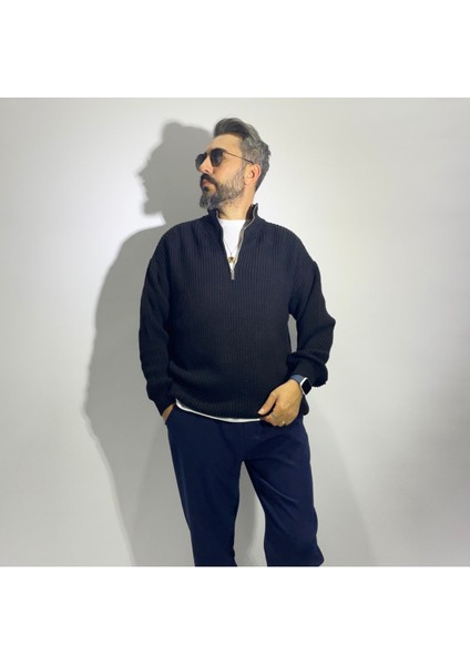 Yarım Fermuarlı Oversize Erkek Triko Kazak