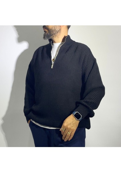Yarım Fermuarlı Oversize Erkek Triko Kazak