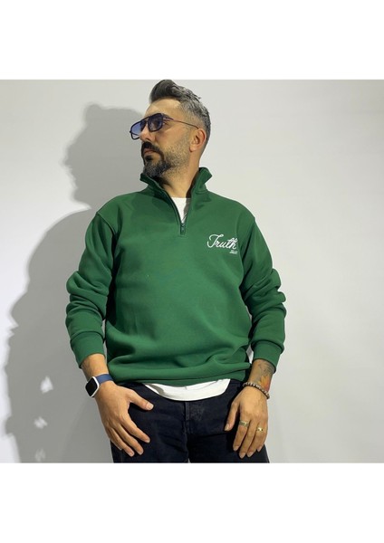 Nakış Detaylı Yarım Fermuar Oversize Erkek Sweatshirt