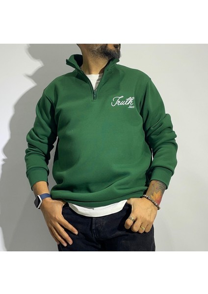 Nakış Detaylı Yarım Fermuar Oversize Erkek Sweatshirt