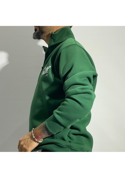 Nakış Detaylı Yarım Fermuar Oversize Erkek Sweatshirt