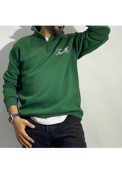 Nakış Detaylı Yarım Fermuar Oversize Erkek Sweatshirt