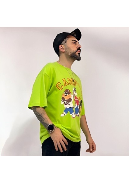 Kampüs Cartoon Tek Taraf Baskılı Oversize Pamuklu T-Shirt