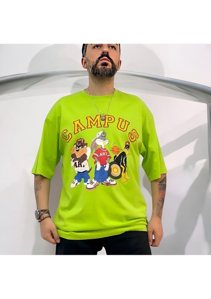 Kampüs Cartoon Tek Taraf Baskılı Oversize Pamuklu T-Shirt