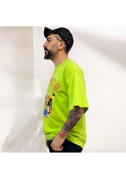 Kampüs Cartoon Tek Taraf Baskılı Oversize Pamuklu T-Shirt