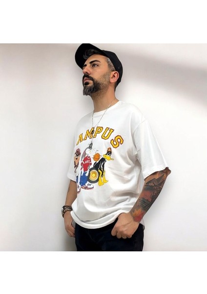 Kampüs Cartoon Tek Taraf Baskılı Oversize Pamuklu T-Shirt