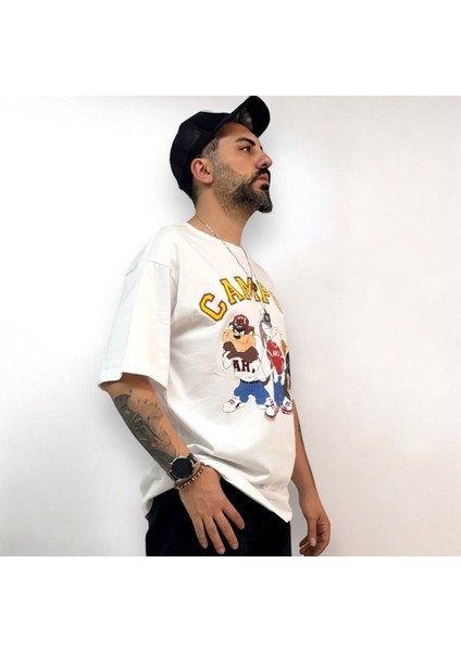 Kampüs Cartoon Tek Taraf Baskılı Oversize Pamuklu T-Shirt