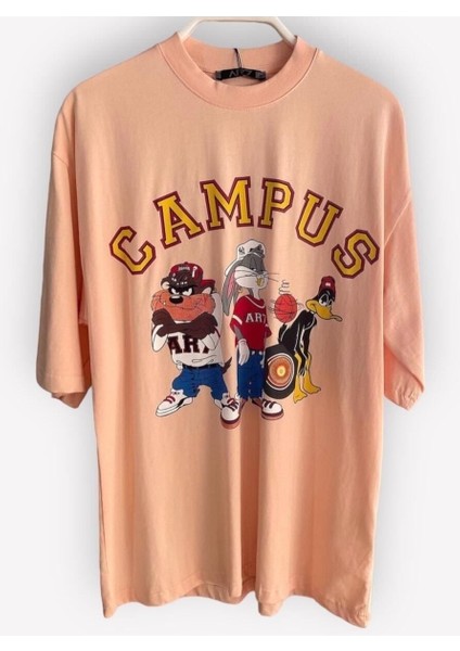 Kampüs Cartoon Tek Taraf Baskılı Oversize Pamuklu T-Shirt