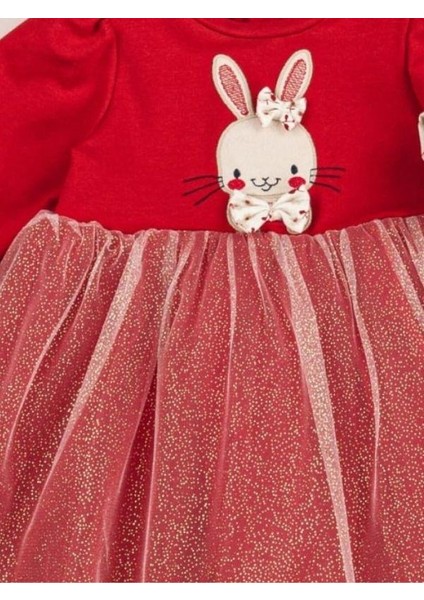 Kız Bebek Tavşan Nakışlı Eteği Varak Baskılı Elbise modelleri