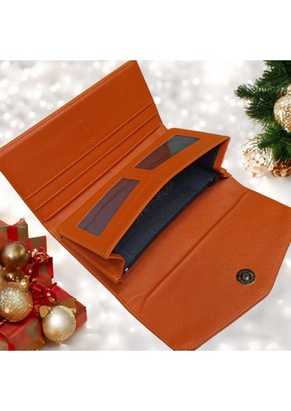 Turuncu Cüzdan Çok Bölmeli Kapaklı Suni Deri Kadın Cüzdan 19 cm