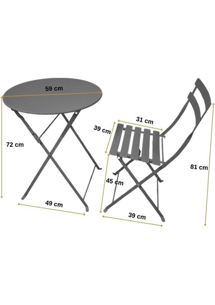 Gazelle Bistro Serisi Katlanır Metal Masa Sandalye Seti: Yakut Kırmızı RAL3003, Yuvarlak: 59 cm , Restoran Sandalye