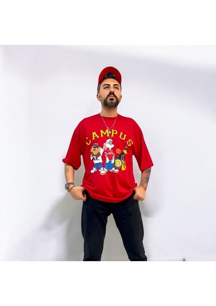 Kampüs Cartoon Tek Taraf Baskılı Oversize Pamuklu T-Shirt