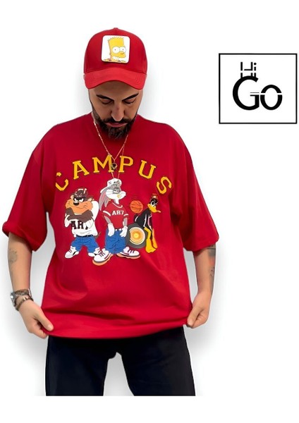 Kampüs Cartoon Tek Taraf Baskılı Oversize Pamuklu T-Shirt