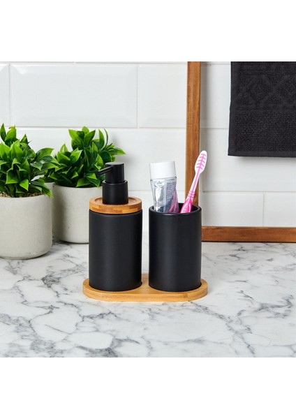 Bambu Standlı Seramik İkili Banyo Seti