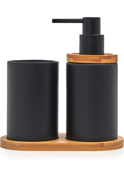 Bambu Standlı Seramik İkili Banyo Seti