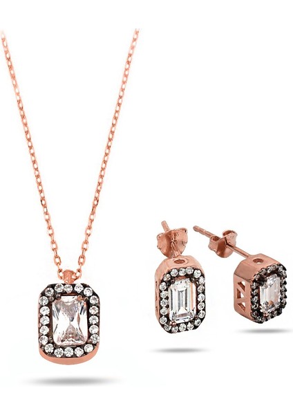 Gümüş Elmas Montür Set Bayan Gümüş Kolye Küpe Set