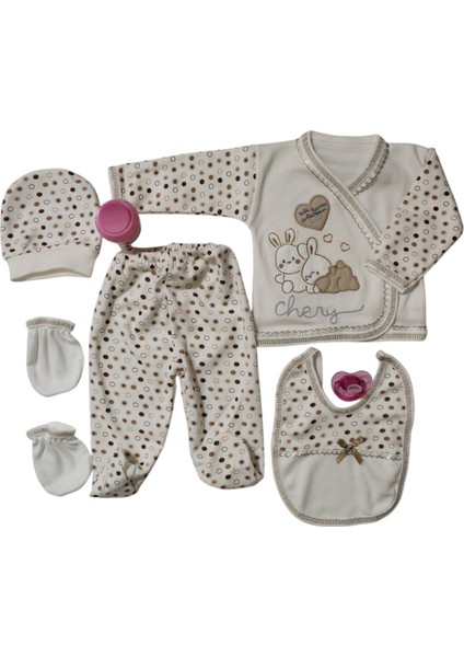 Bombinoo Tavşan Nakışlı Yeni Doğan 7 Parça Hastahane Çıkışı Zıbın Kahve Rengi Emzik ve Biberonlu