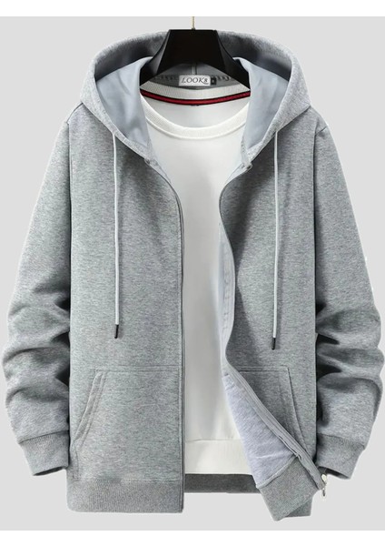 Unisex Kapüşonlu Gri Fermuarlı Sweatshirt - Spor ve Günlük Tarza Uygun Pamuklu Nefes Alan Kumaş