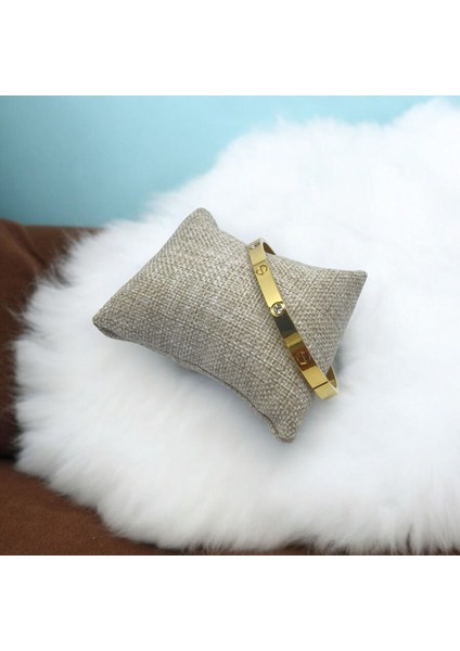 Stainless Steel Gold Taşlı Kelepçe Bileklik