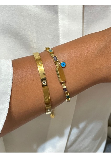 Stainless Steel Gold Taşlı Kelepçe Bileklik fiyatları