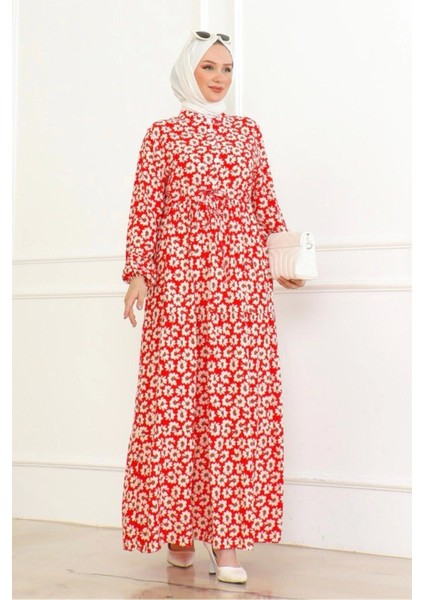 Çiçek Desenli Önü Bağlamalı Elbise / Kırmızı