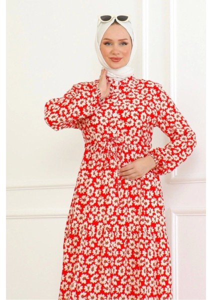 Çiçek Desenli Önü Bağlamalı Elbise / Kırmızı fiyatları