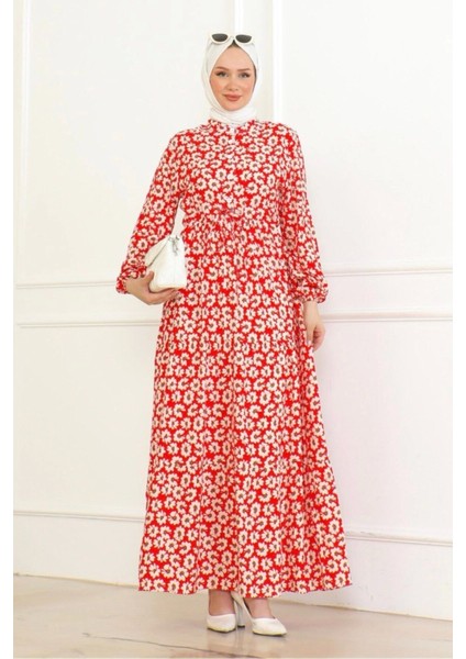 Çiçek Desenli Önü Bağlamalı Elbise / Kırmızı modelleri