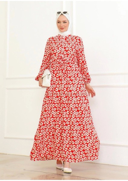 Çiçek Desenli Önü Bağlamalı Elbise / Kırmızı indirimleri