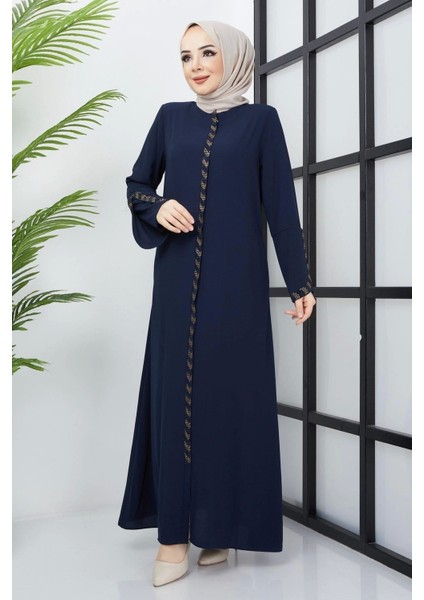 Büyük Beden Taş Detaylı Lacivert Ferace SS2030
