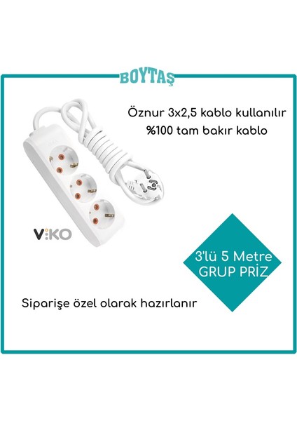 3'lü 5 Metre Grup Priz-Beyaz (Öznur 3*2,5 Kablo Kullanılır) / Fırın ve Isıtma İçin Özel Hazırlanır
