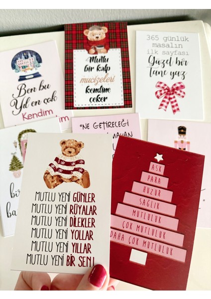 8 Adet Yılbaşı Yeni Yıl Temalı Motto Kart Seti - Pembe Pink Christmas Pano