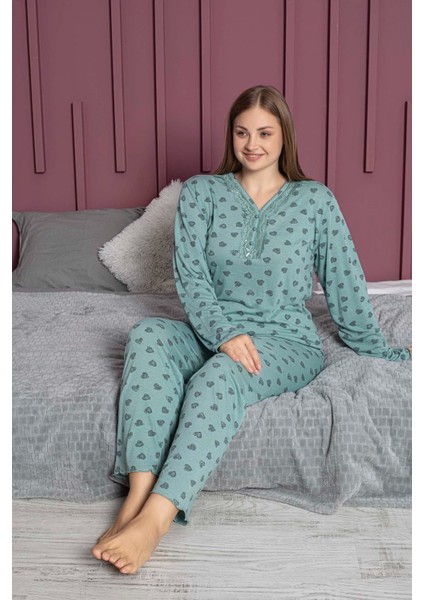 Kadın Büyük Beden Yakası Dantelli Uzun Kollu Bambu Pijama Takımı