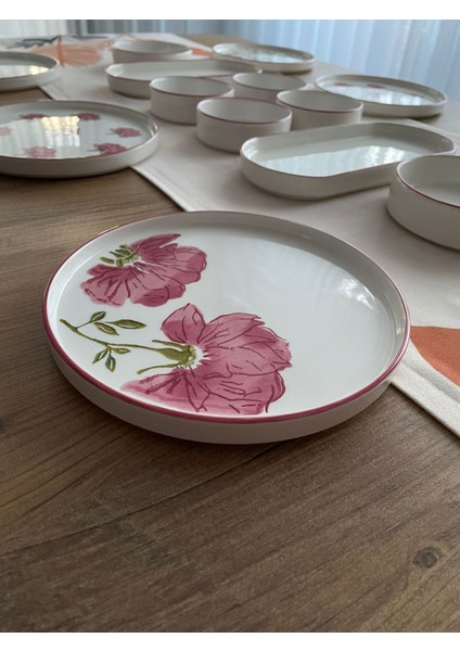 6 Kişilik 14 Parça Rose Gül Desenli Kahvaltı Takımı - Lüx Kahvaltılık Sunum Seti Tabağı