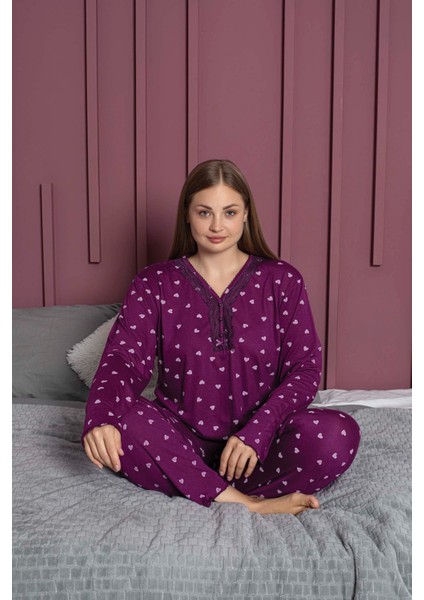 Kadın Büyük Beden Yakası Dantelli Uzun Kollu Bambu Pijama Takımı